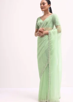 Light Green Scallop Border Saree With Unstitched Blouse