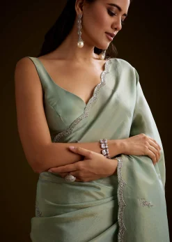 Light Green Tissue Saree With Cutdana Embroidery And Scallop Border