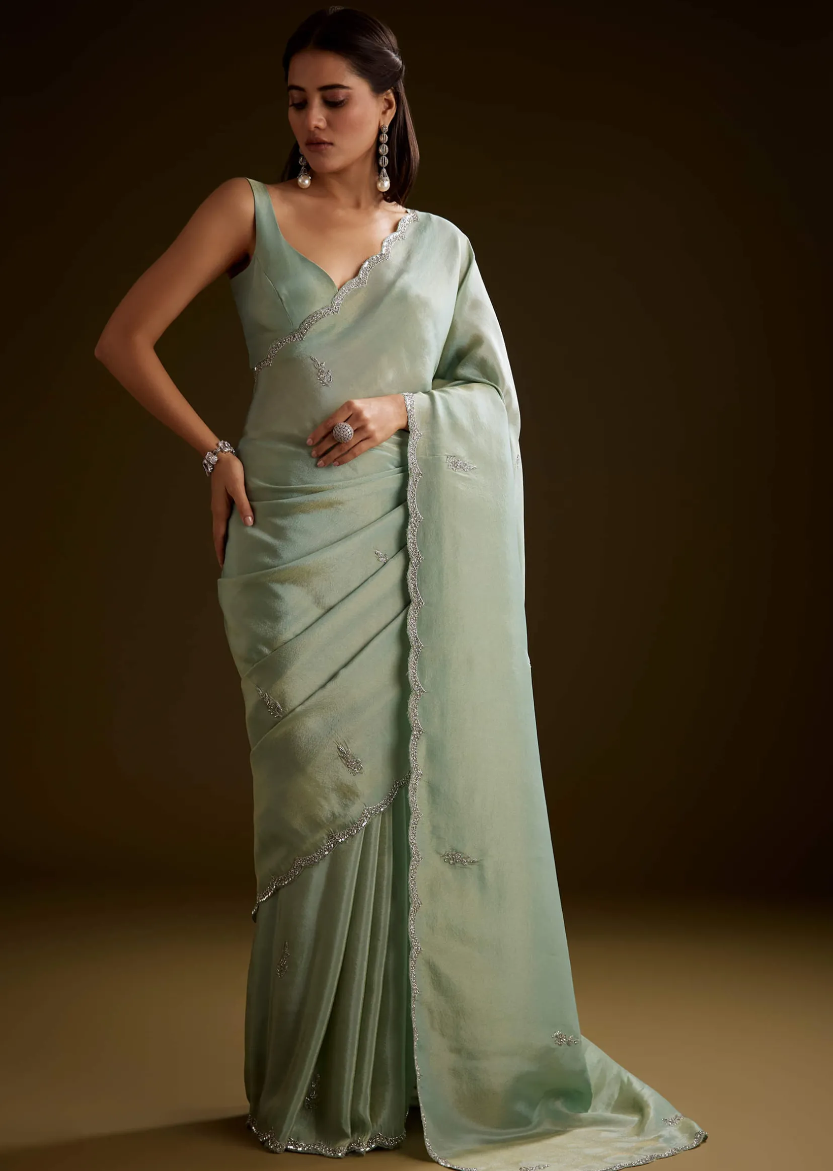 Light Green Tissue Saree With Cutdana Embroidery And Scallop Border
