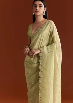 Light Green Tissue Zardosi Saree With Scallop Border
