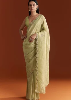 Light Green Tissue Zardosi Saree With Scallop Border