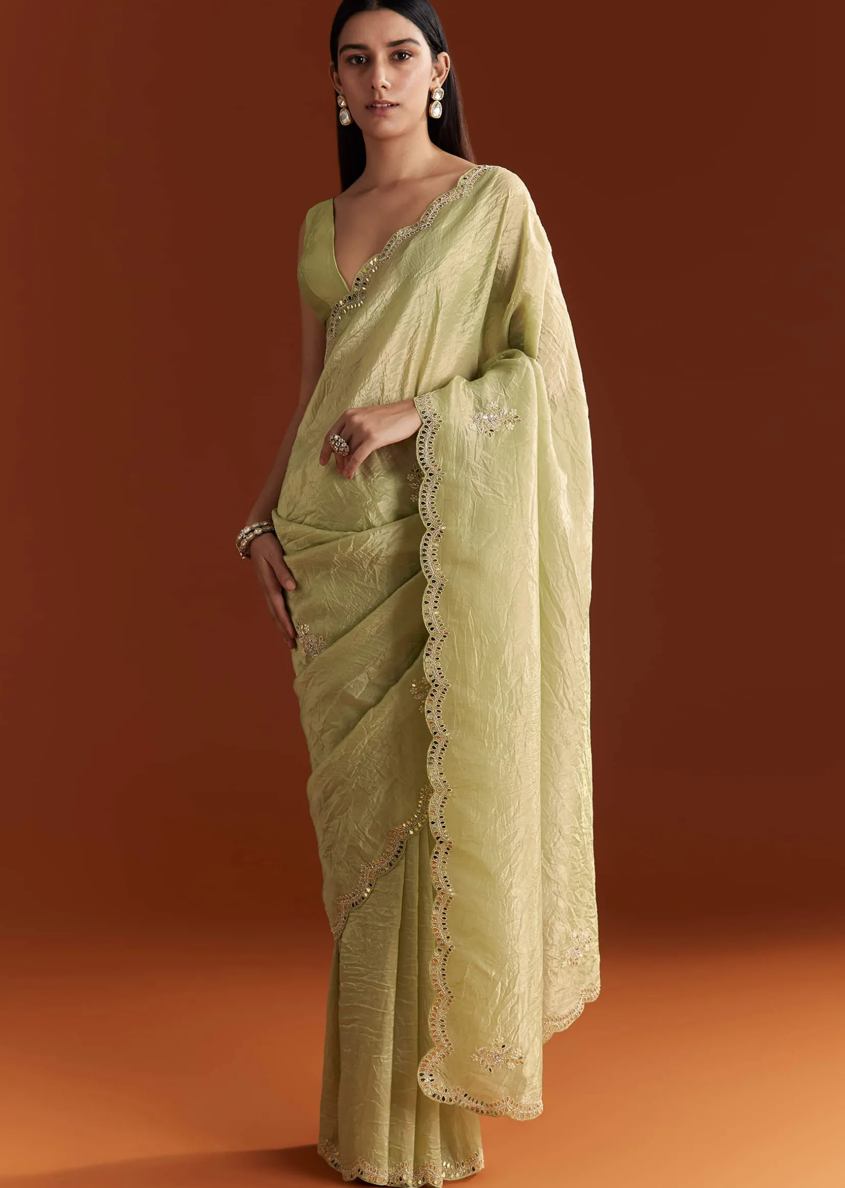 Light Green Tissue Zardosi Saree With Scallop Border