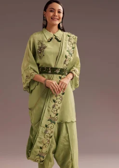 Light Green Zardosi Kurta With Embroidered Dupatta Belt