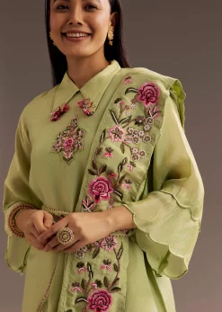 Light Green Zardosi Motif Kurta Dupatta Belt Set