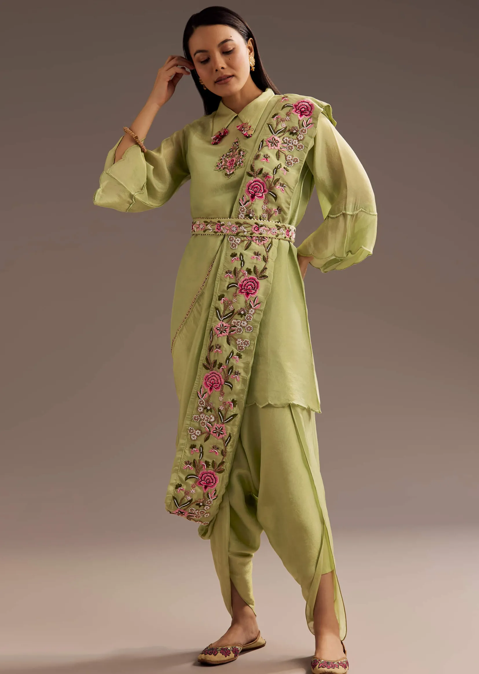 Light Green Zardosi Motif Kurta Dupatta Belt Set