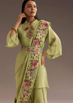 Light Green Zardosi Motif Kurta Dupatta Belt Set
