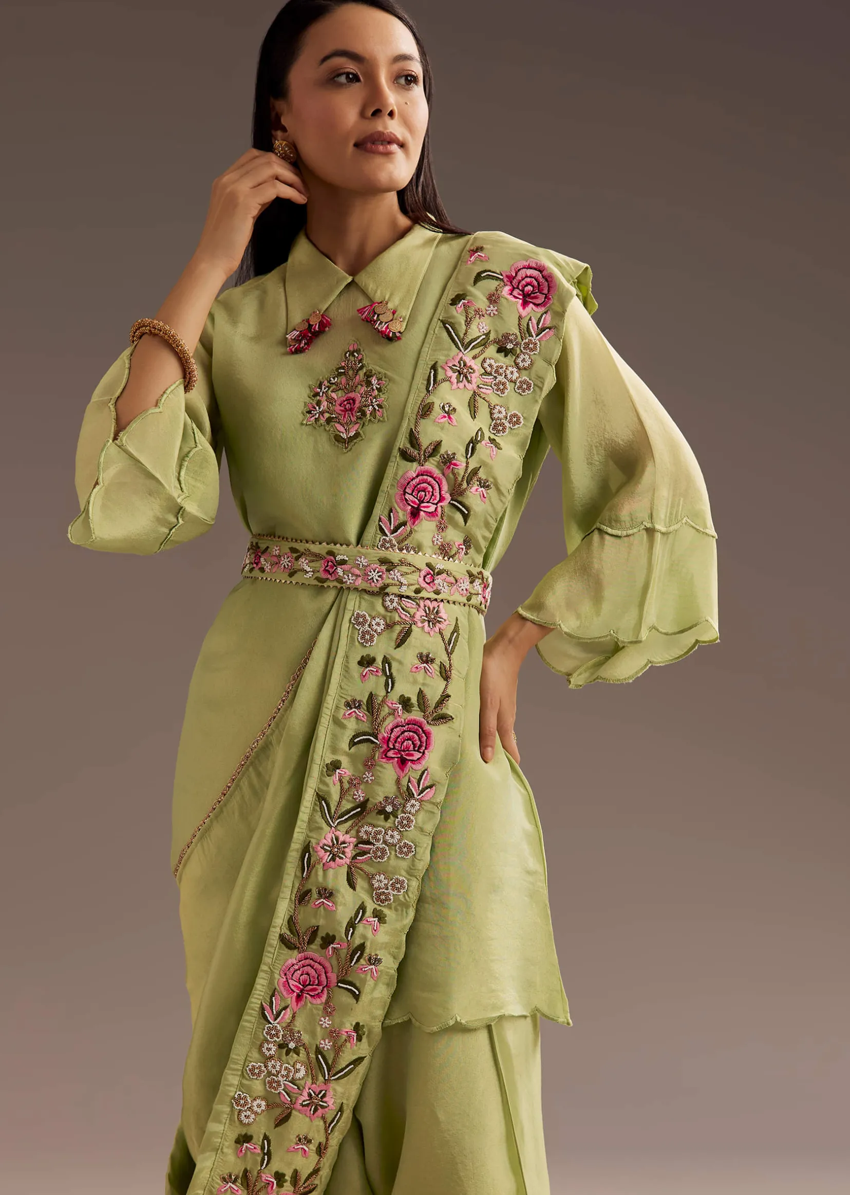 Light Green Zardosi Motif Kurta Dupatta Belt Set