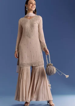 Light Grey Chinon Kurta Set With Moti And Cutdana Work
