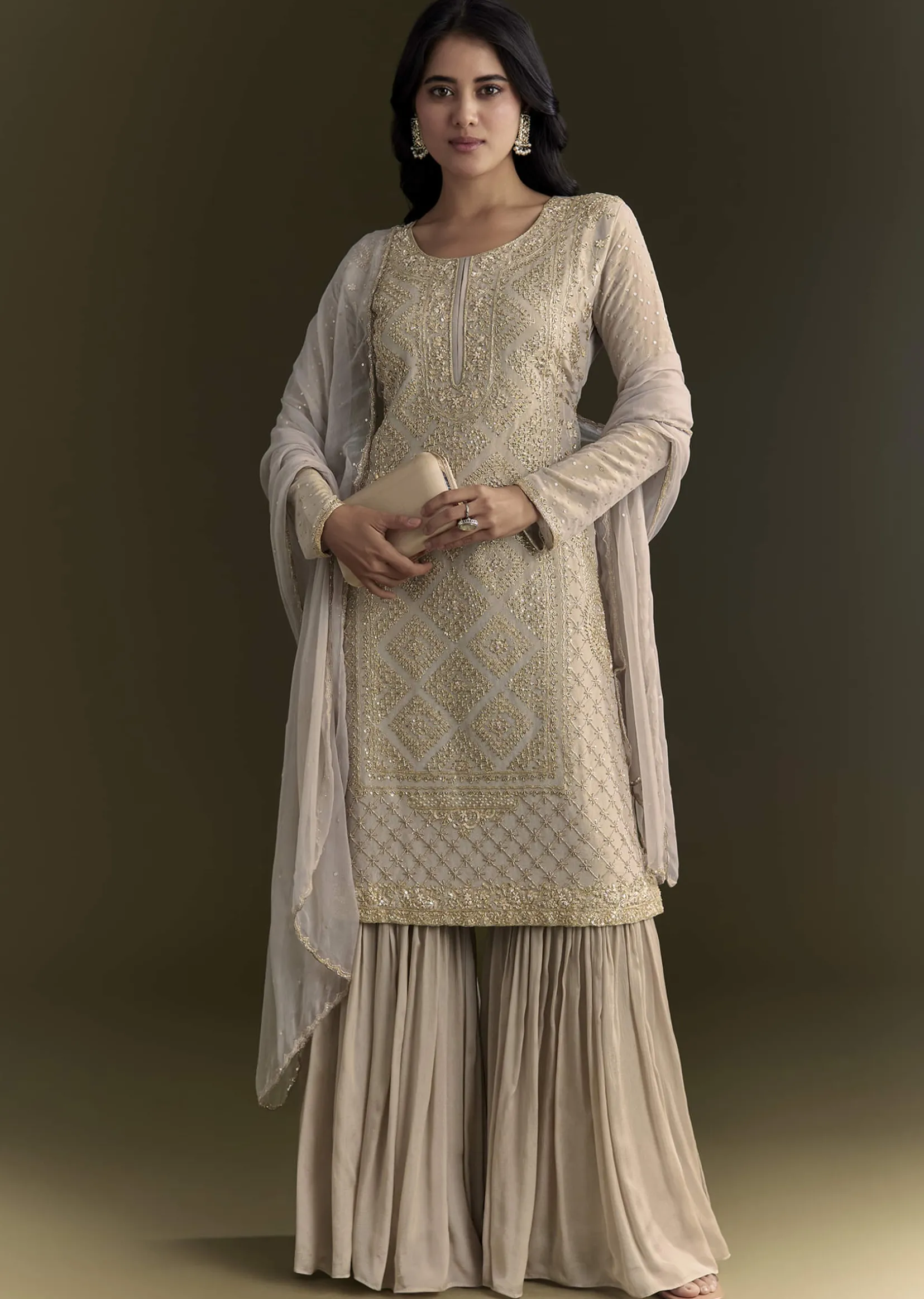 Light Grey Cutdana Zardosi Embroidered Kurta With Scallop Border Dupatta