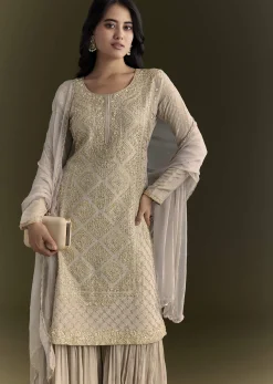 Light Grey Cutdana Zardosi Embroidered Kurta With Scallop Border Dupatta