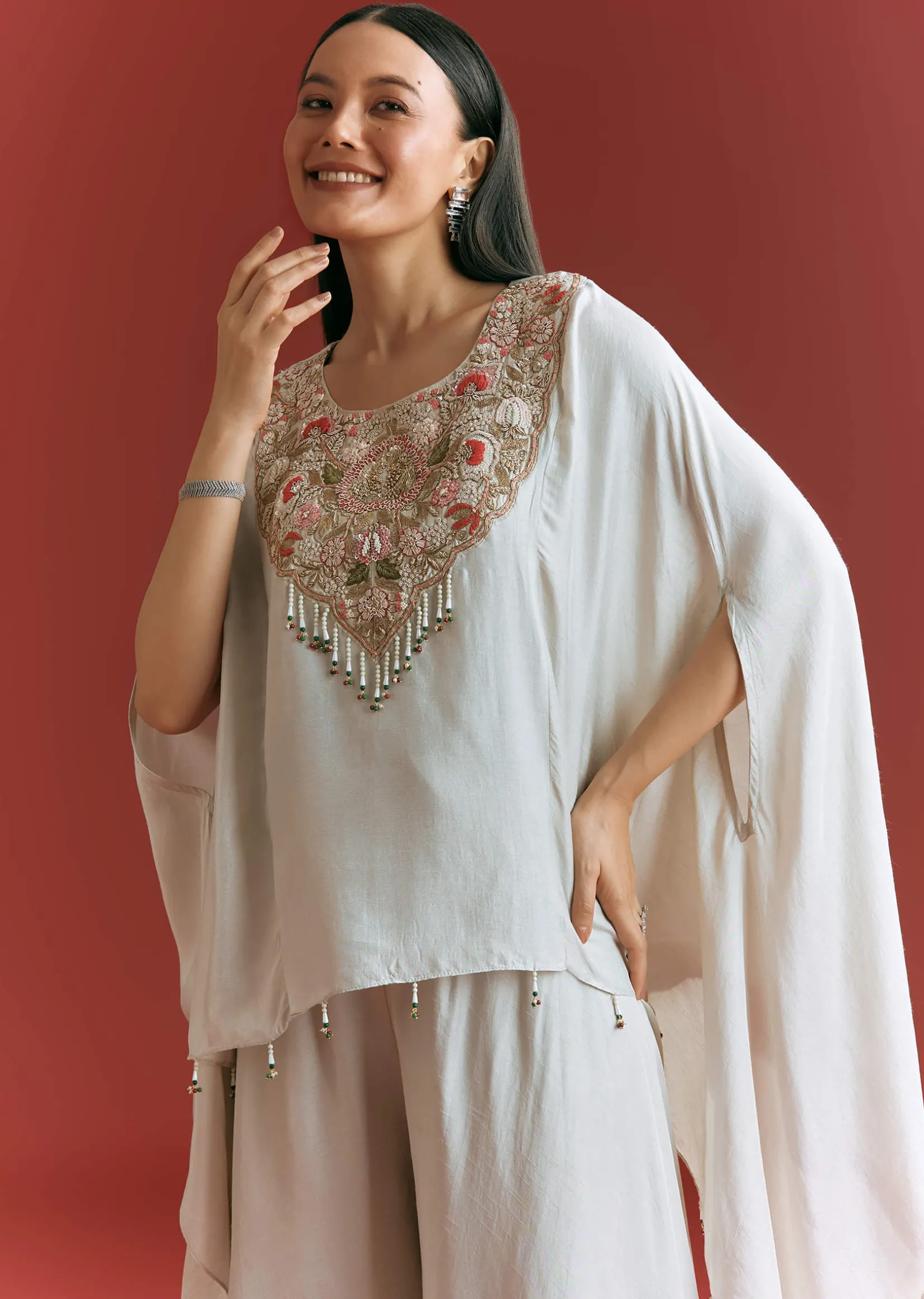 Light Grey Dola Silk Kaftaan Suit With Zardosi Work