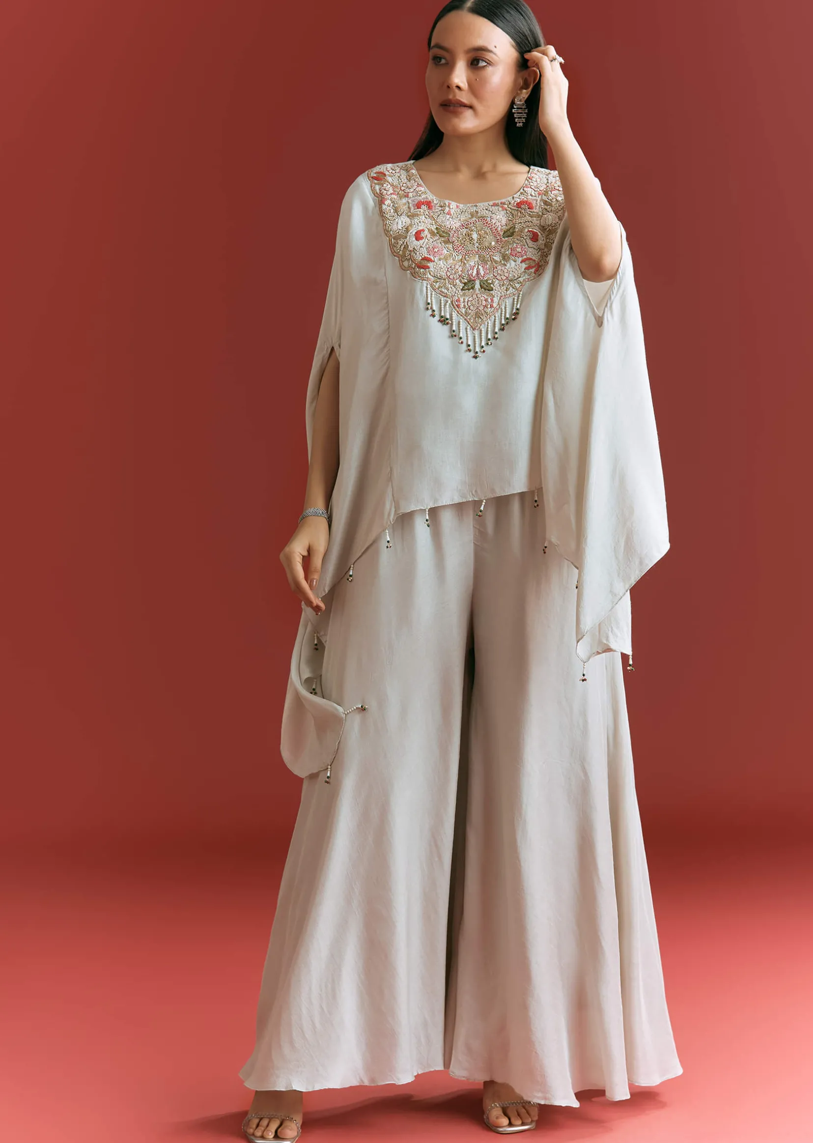 Light Grey Dola Silk Kaftaan Suit With Zardosi Work