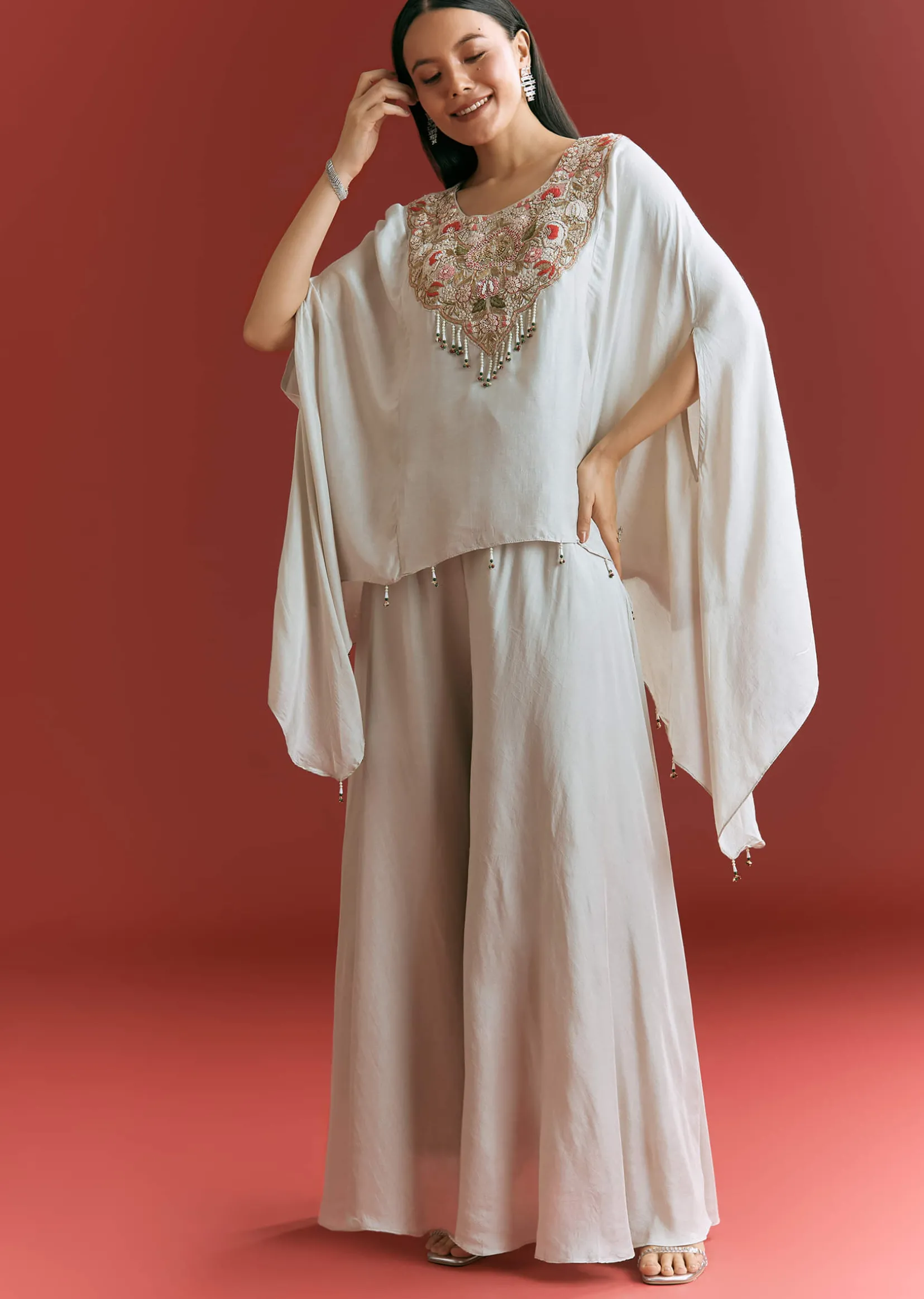 Light Grey Dola Silk Kaftaan Suit With Zardosi Work