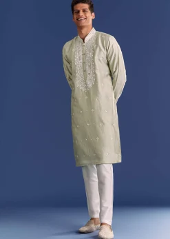 Light Grey Raw Silk Kurta Set With Embroidery