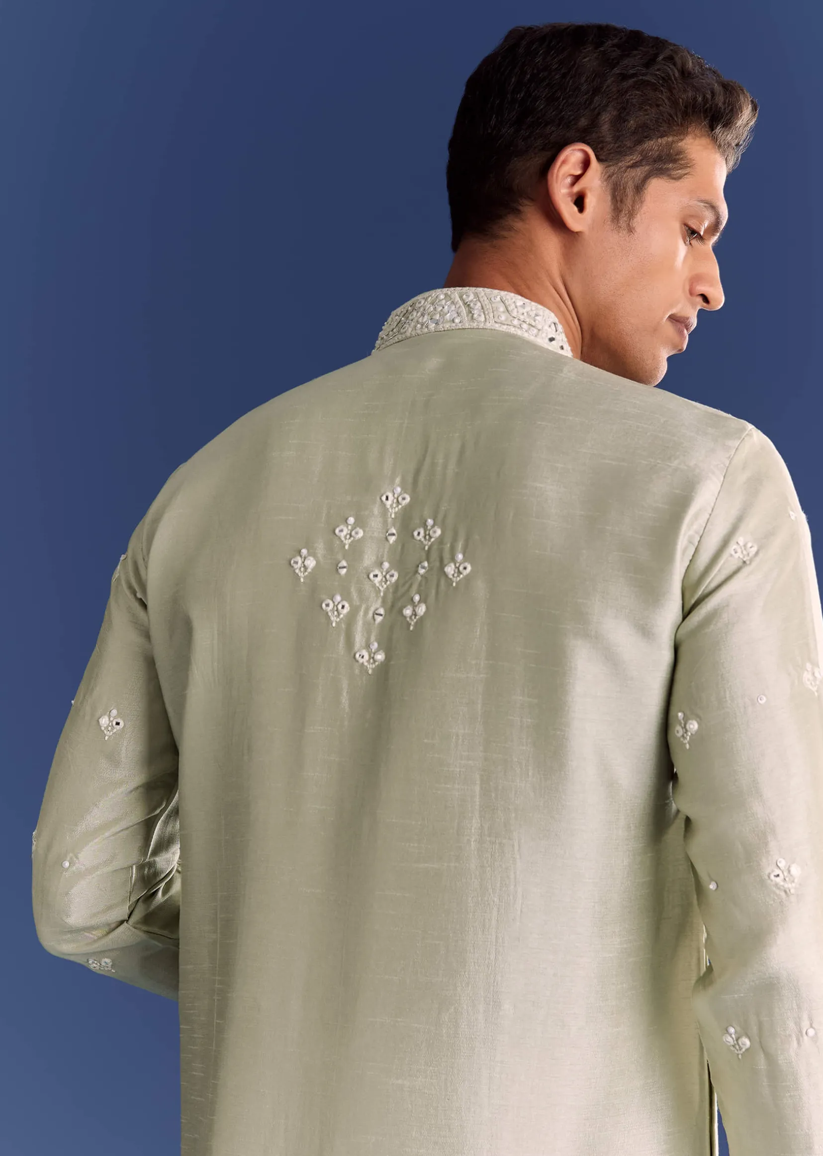 Light Grey Raw Silk Kurta Set With Embroidery