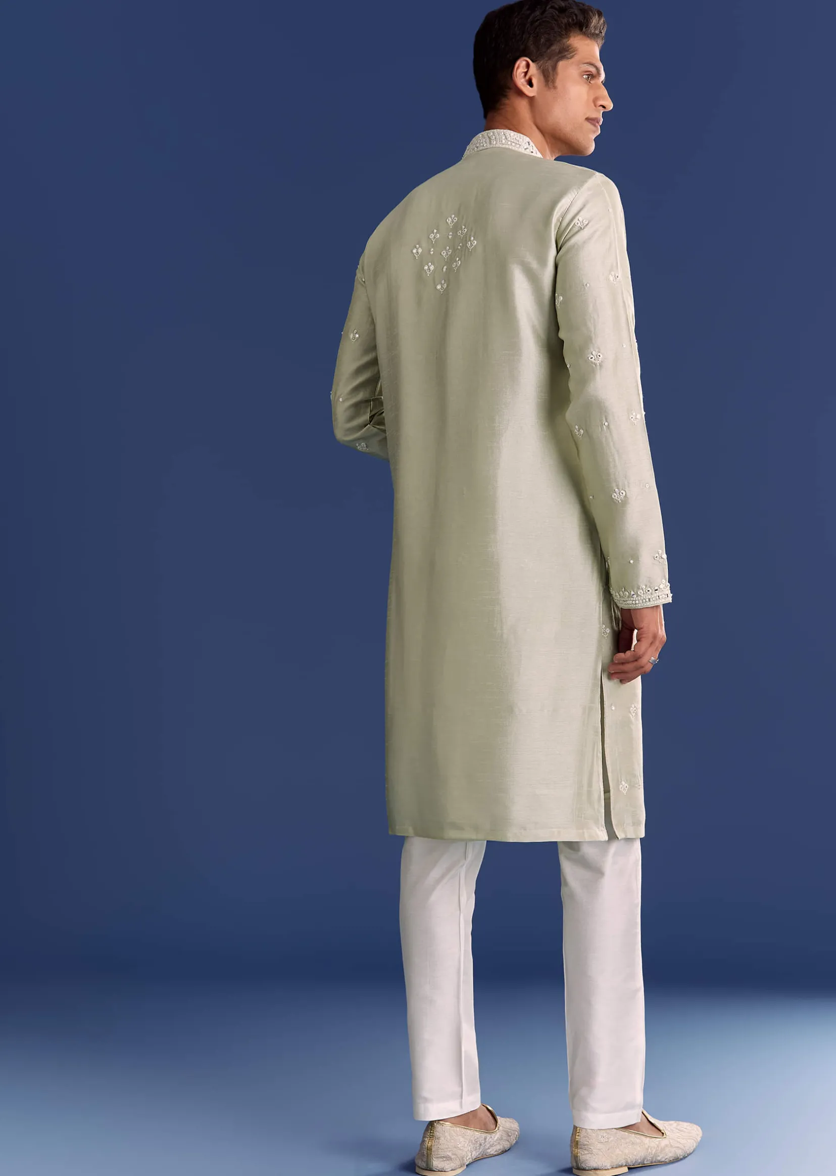 Light Grey Raw Silk Kurta Set With Embroidery