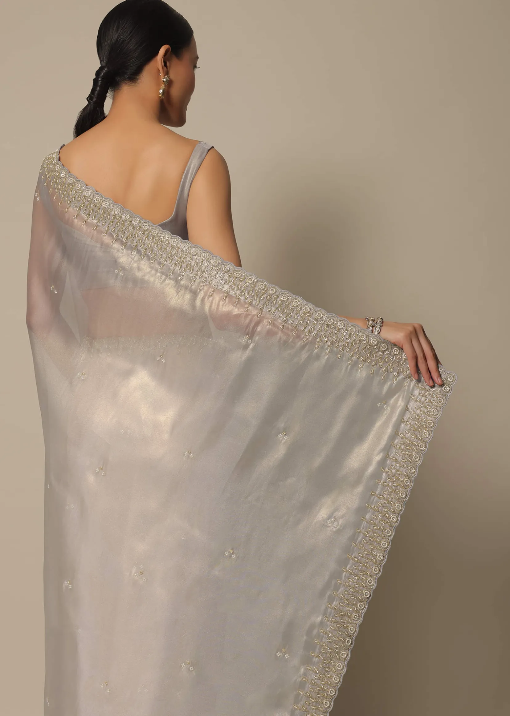 Light Grey Tissue Saree With Bead And Cutdana Work And Unstitched Blouse Piece