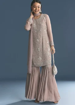 Light Lavender Chinon Kurta Sharara Suit With Moti Work