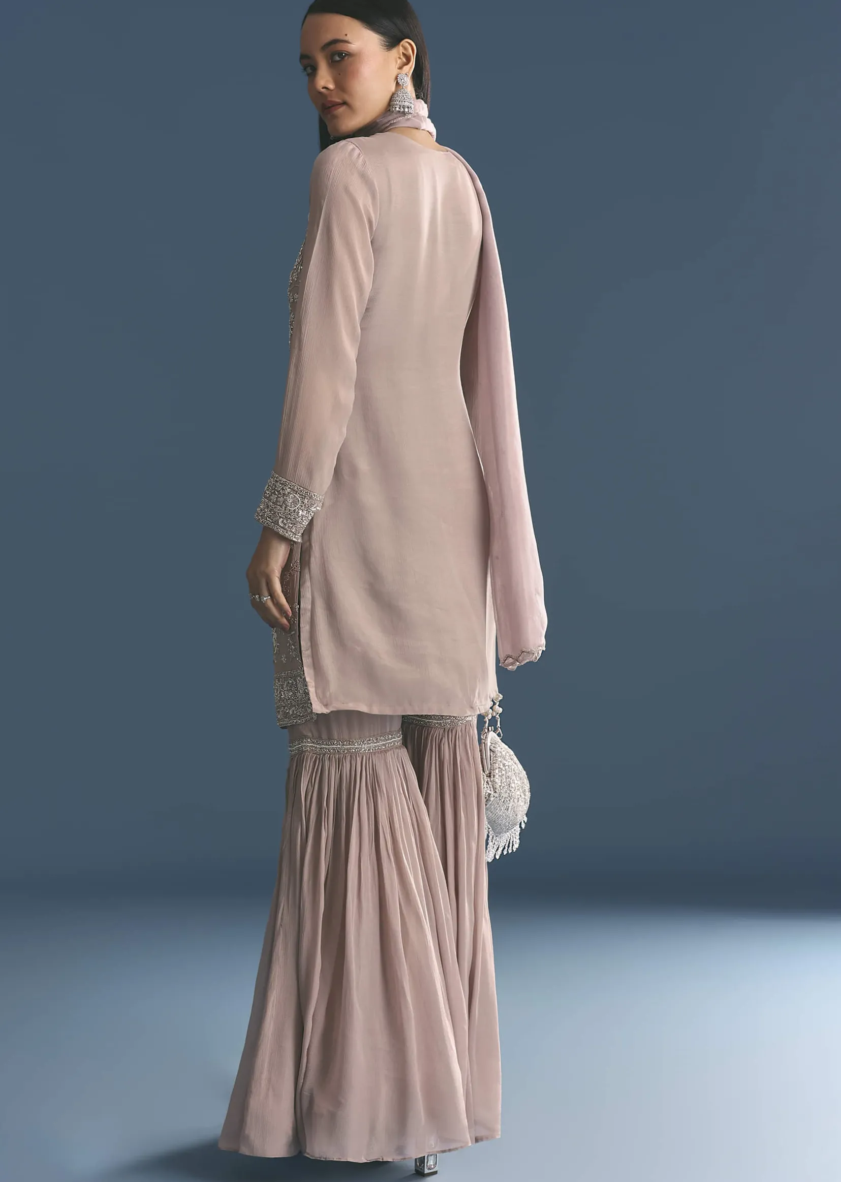 Light Lavender Chinon Kurta Sharara Suit With Moti Work
