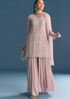 Light Lavender Chinon Kurta Palazzo Suit With Moti Cutdana Work