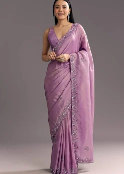 Light Lavender Tissue Saree With Floral Embroidered Scallop Border