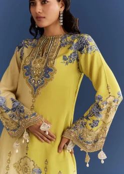Light Lime Green Cotton Muslin Kurta With Floral Print Dhoti