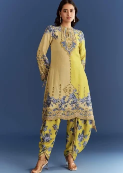 Light Lime Green Cotton Muslin Kurta With Floral Print Dhoti