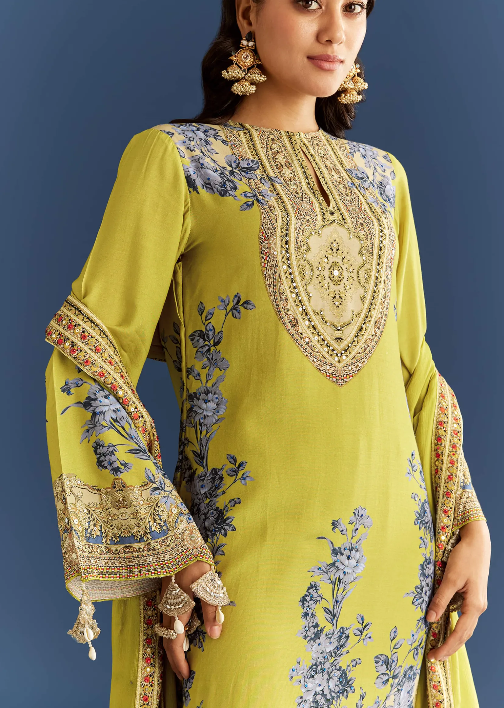 Light Lime Green Cotton Muslin Kurta Palazzo Suit With Chinon Dupatta
