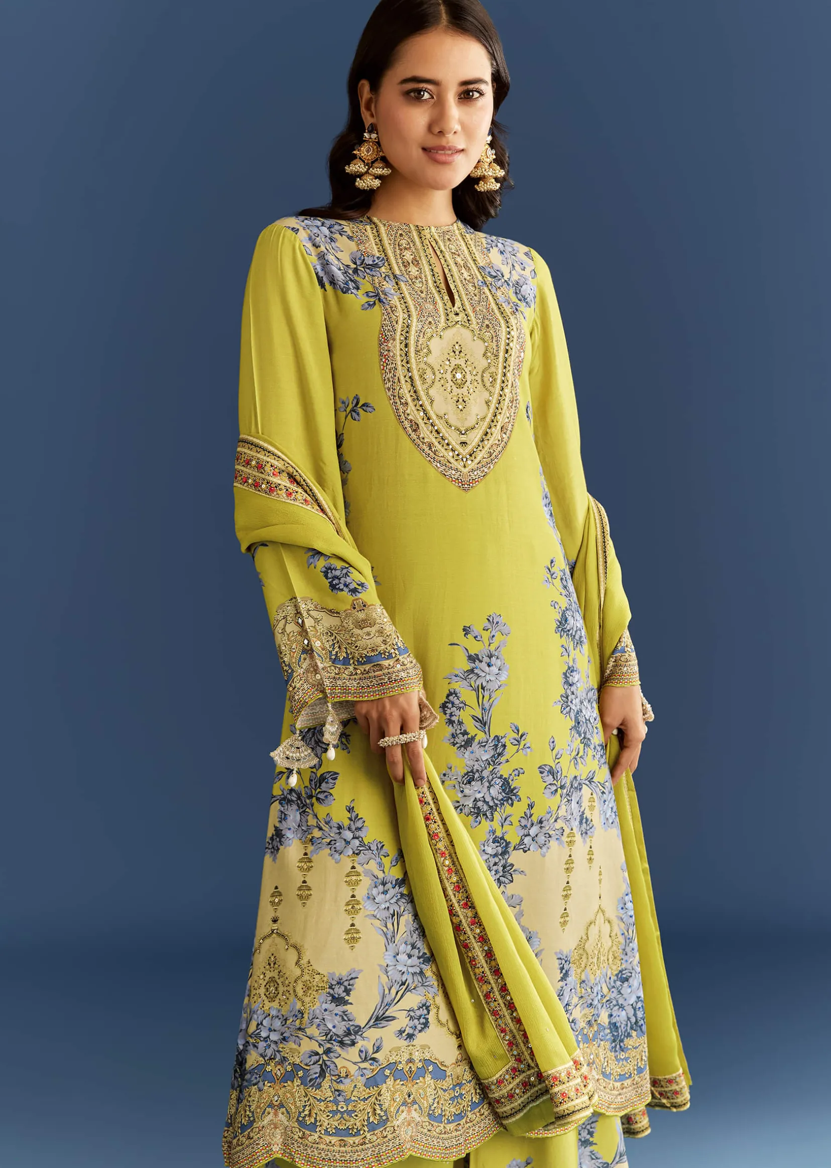 Light Lime Green Cotton Muslin Kurta Palazzo Suit With Chinon Dupatta