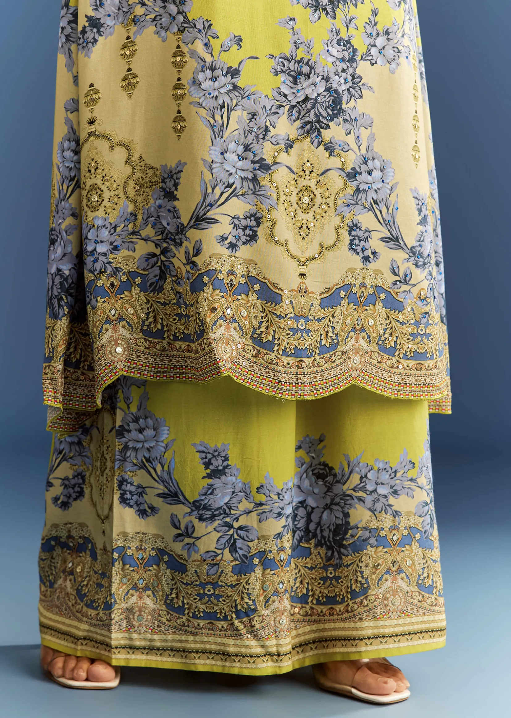 Light Lime Green Cotton Muslin Kurta Palazzo Suit With Chinon Dupatta