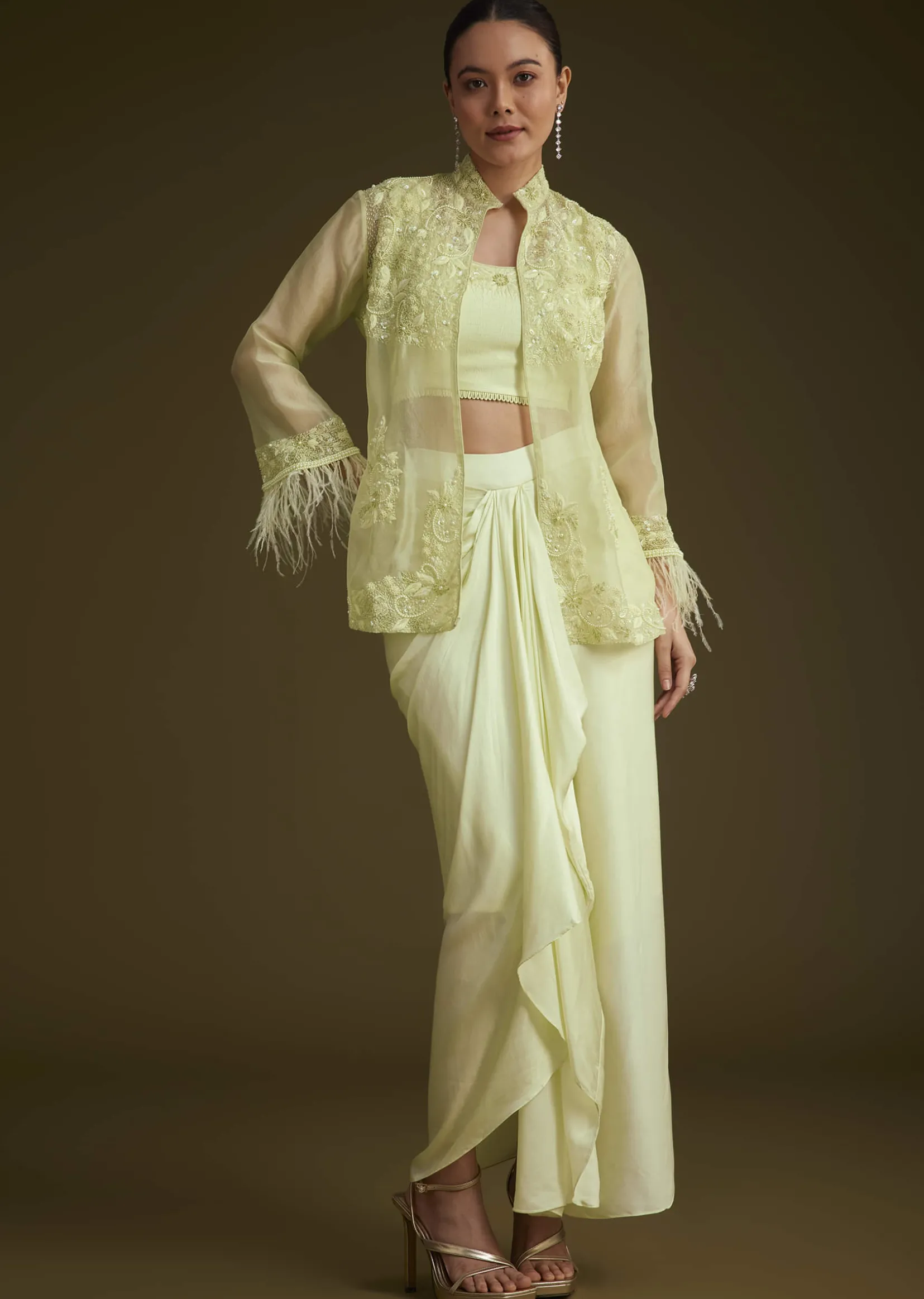 Light Lime Green Embroidered Crop Top And Jacket Set