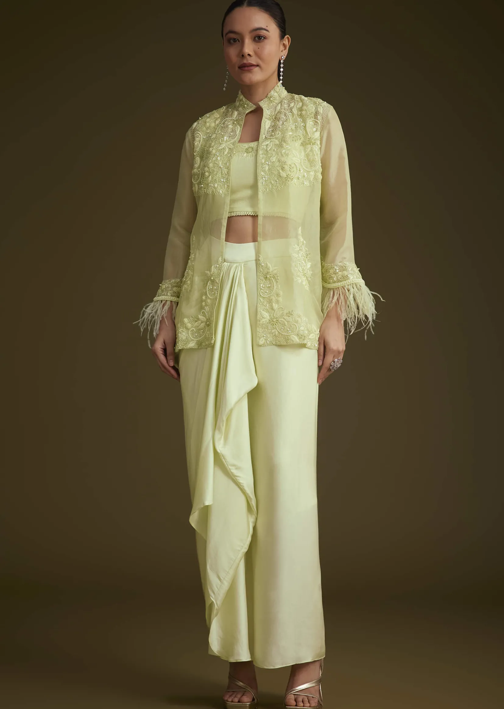 Light Lime Green Embroidered Crop Top And Jacket Set