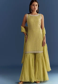 Light Lime Green Organza Kurta Set With Embroidered Scallop Hem Dupatta