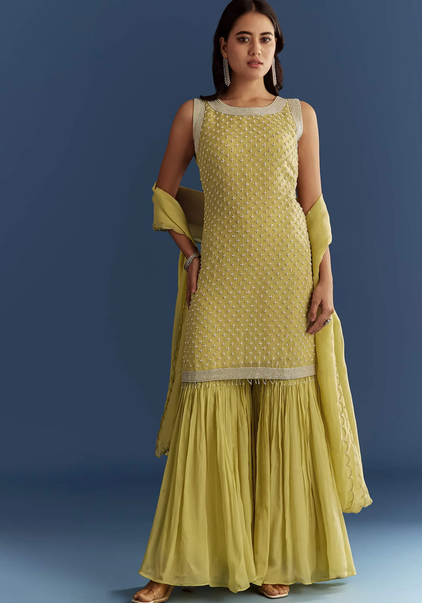 Light Lime Green Organza Kurta Set With Embroidered Scallop Hem Dupatta