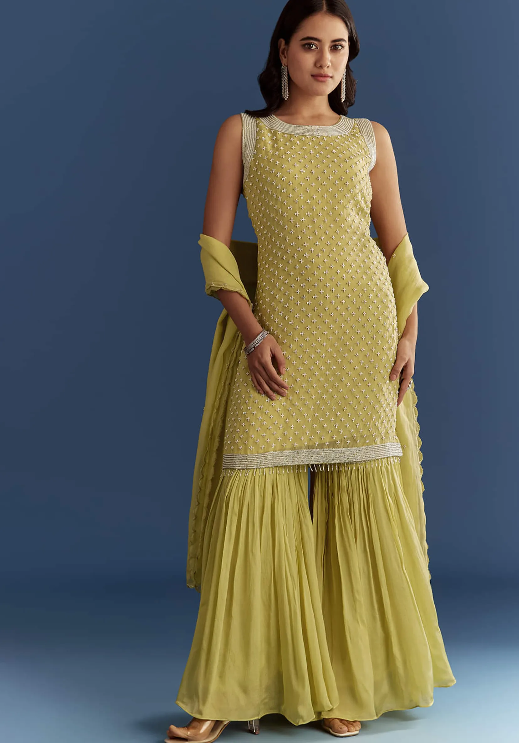 Light Lime Green Organza Kurta Set With Embroidered Scallop Hem Dupatta