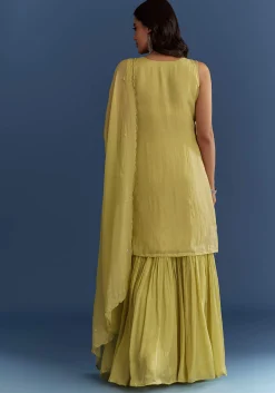 Light Lime Green Organza Kurta Set With Embroidered Scallop Hem Dupatta