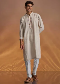 Light Natural Floral Resham Embroidered Kurta And Pant Set