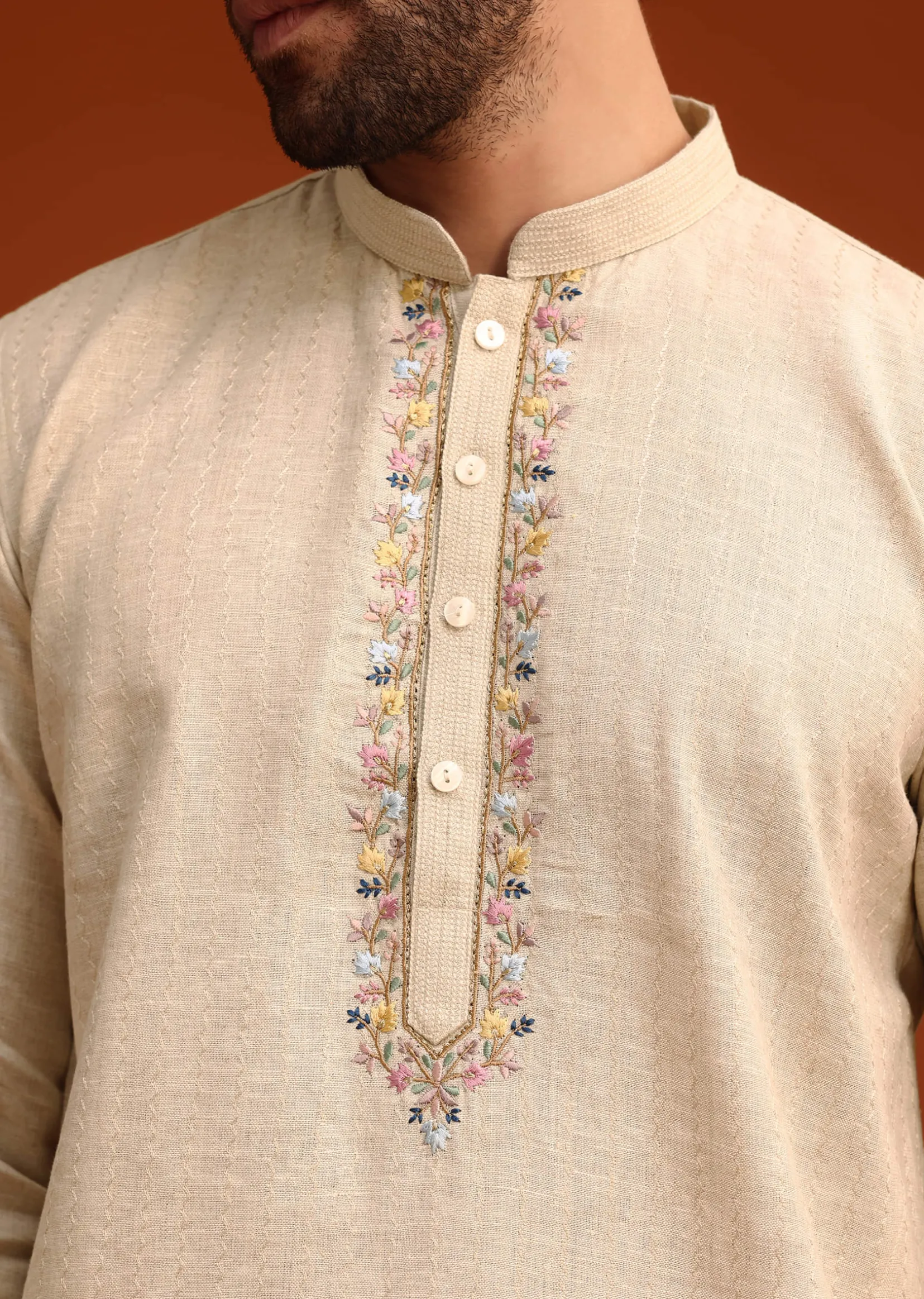 Light Natural Floral Resham Embroidered Kurta And Pant Set