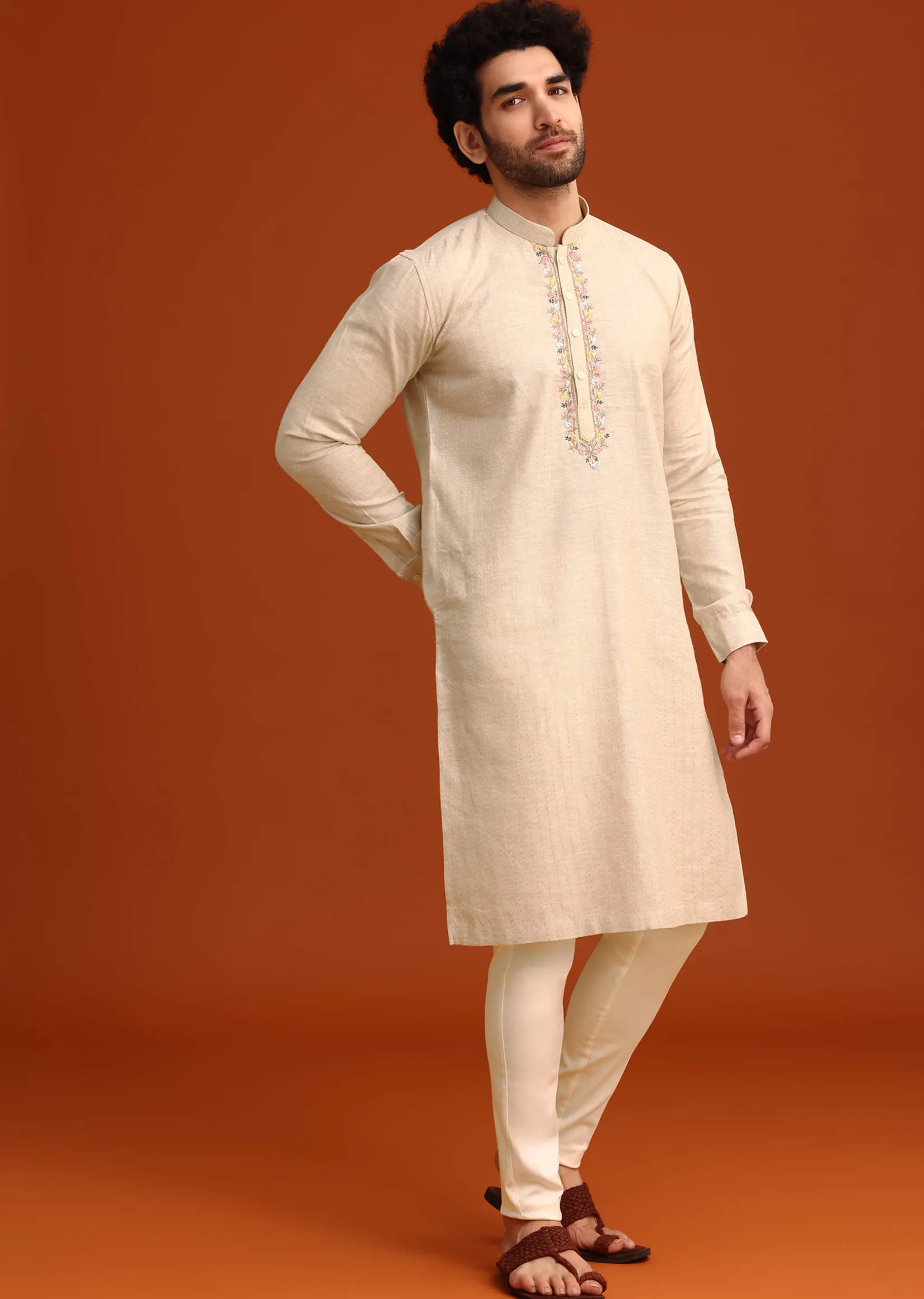 Light Natural Floral Resham Embroidered Kurta And Pant Set
