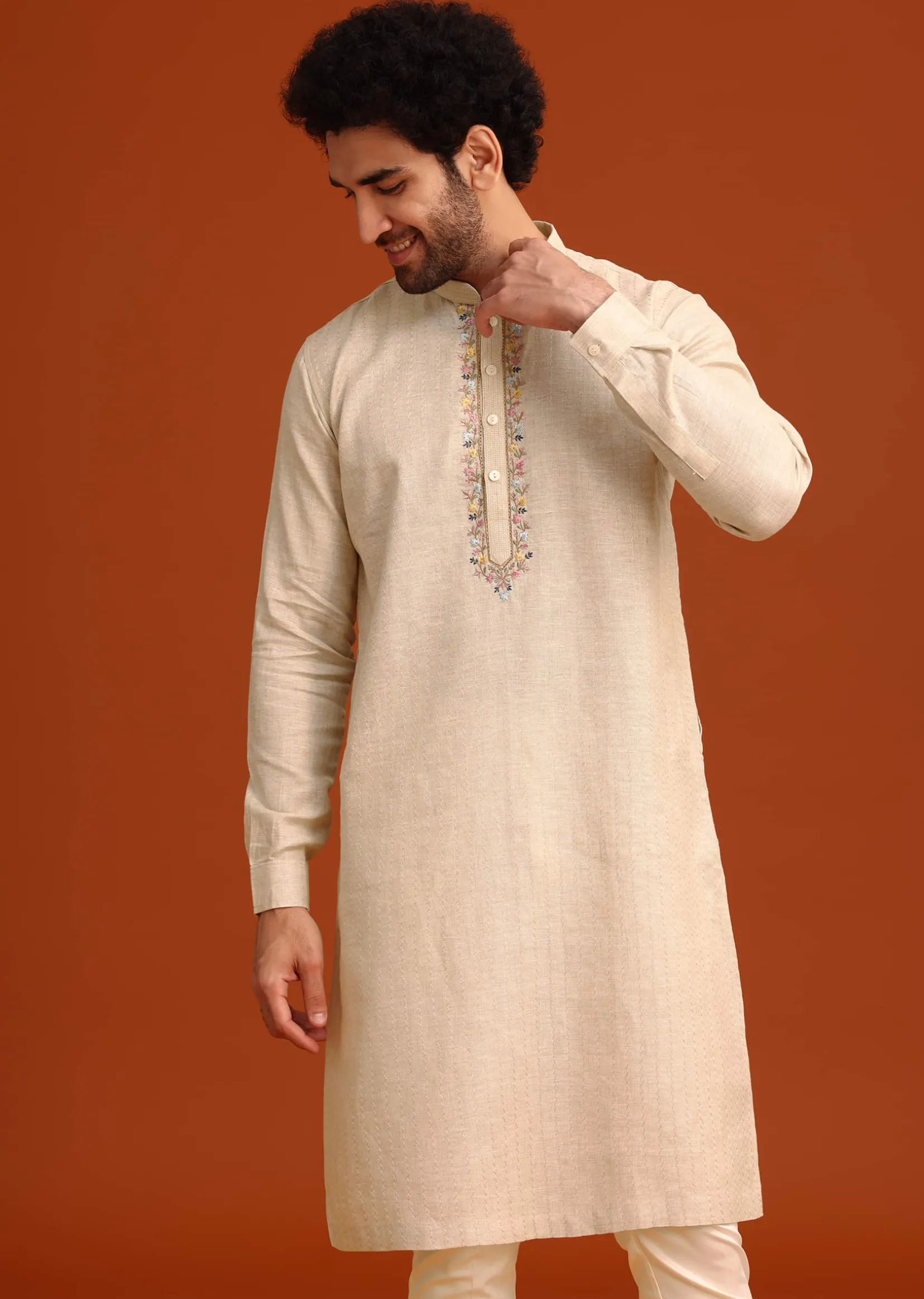 Light Natural Floral Resham Embroidered Kurta And Pant Set