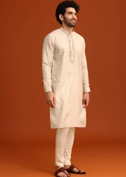 Light Natural Floral Resham Embroidered Kurta And Pant Set