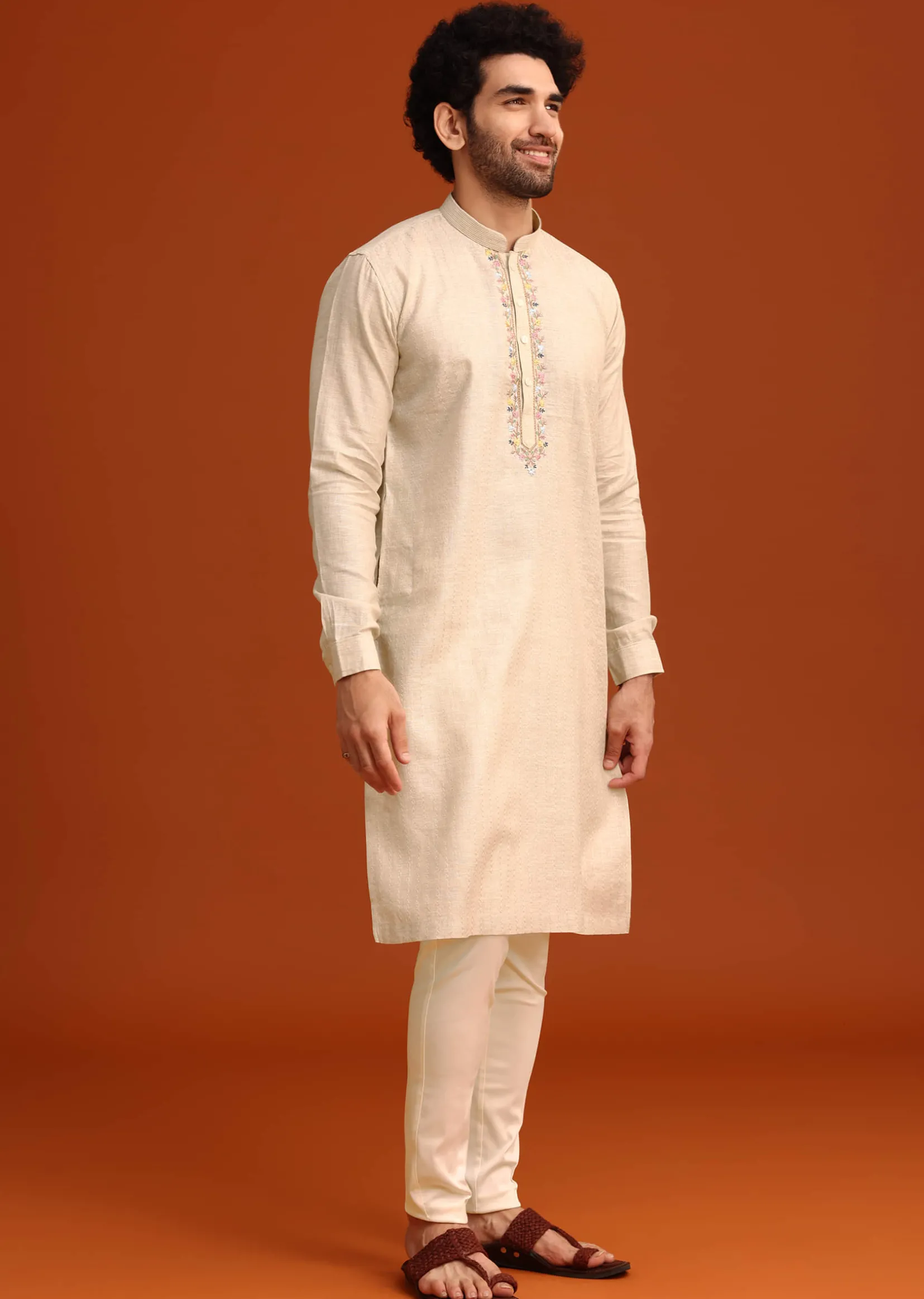 Light Natural Floral Resham Embroidered Kurta And Pant Set