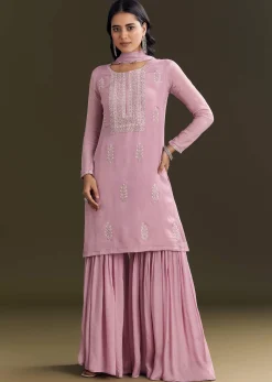 Light Onion Pink Chinon Kurta Sharara With Embellished Dupatta