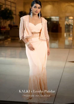 Light Peach Pleated Blouse With Short Jacket And Draped Frill Skirt