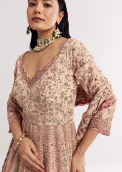 Light Peach Printed Crepe Anarkali Sui With Embroideryt