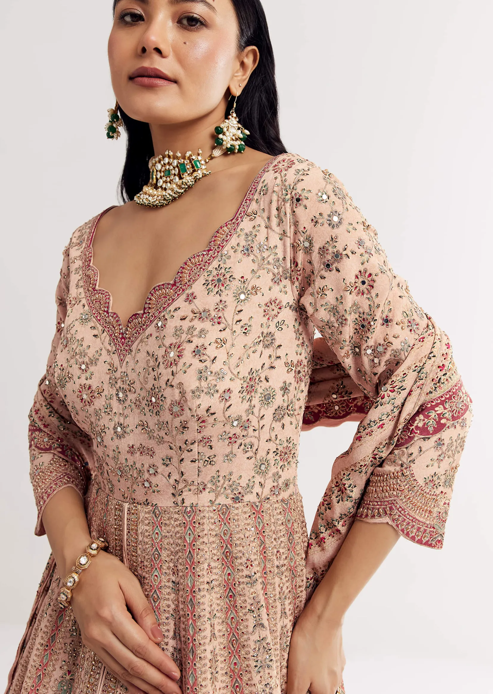 Light Peach Printed Crepe Anarkali Sui With Embroideryt