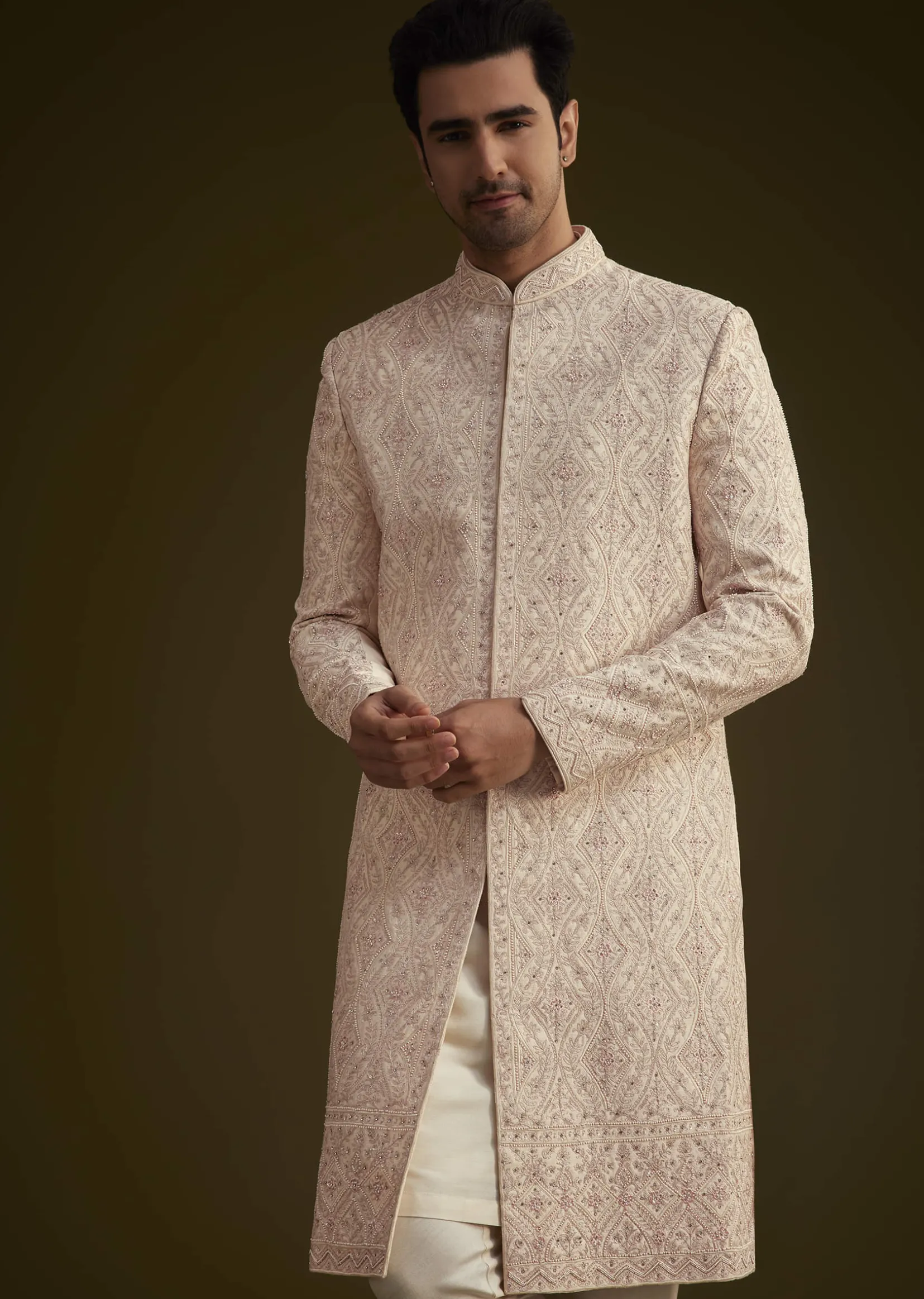 Light Peach Silk Sherwani Set With Dori Pearl And Stone Embroidery