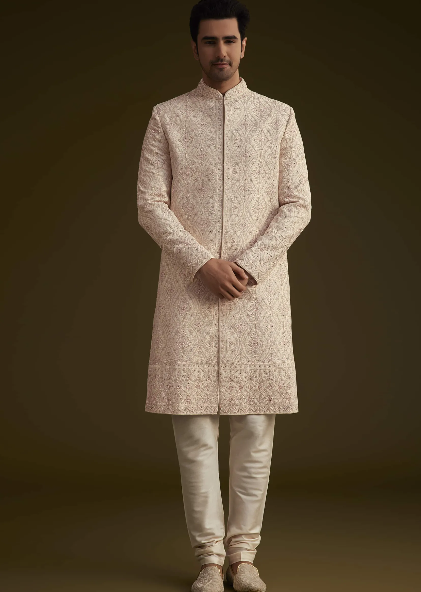 Light Peach Silk Sherwani Set With Dori Pearl And Stone Embroidery