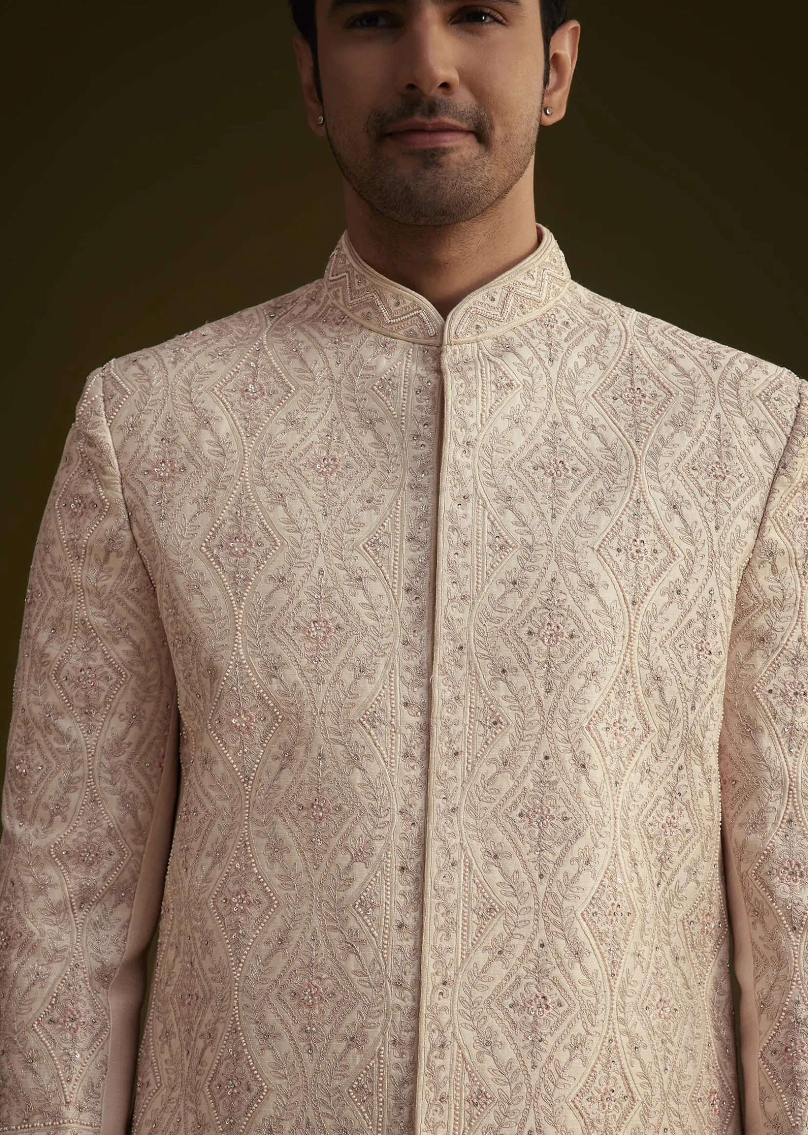 Light Peach Silk Sherwani Set With Dori Pearl And Stone Embroidery