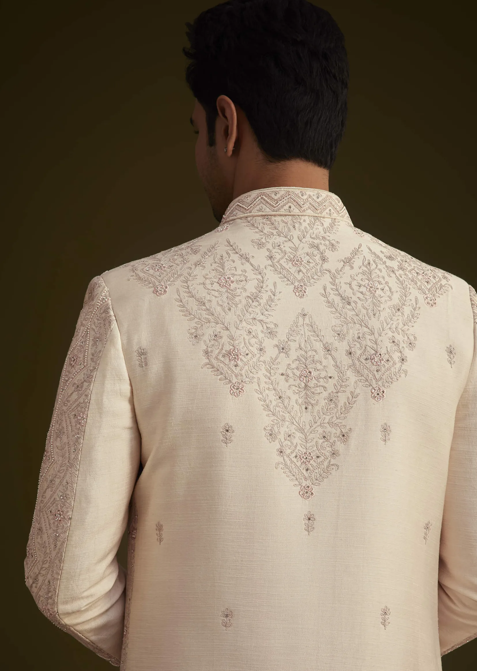 Light Peach Silk Sherwani Set With Dori Pearl And Stone Embroidery